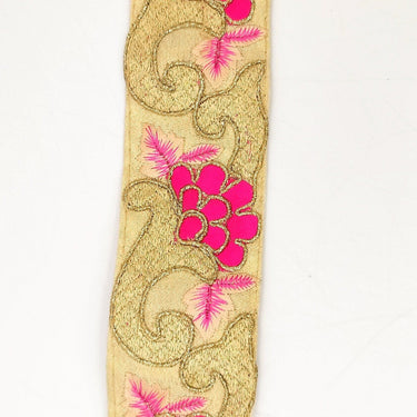 Beige Art Silk Fabric Trim with Floral Embroidery in Peach, Gold and Fuchsia, Flower Embroidered Trim